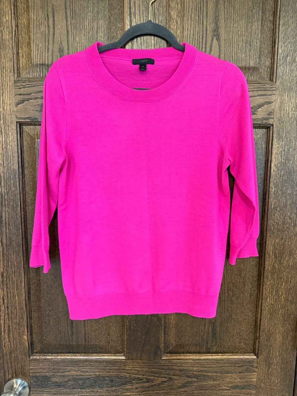 J. Crew Women's Merino Wool Crewneck Sweater in Vibrant Fuchsia 3/4 Sleeves Med